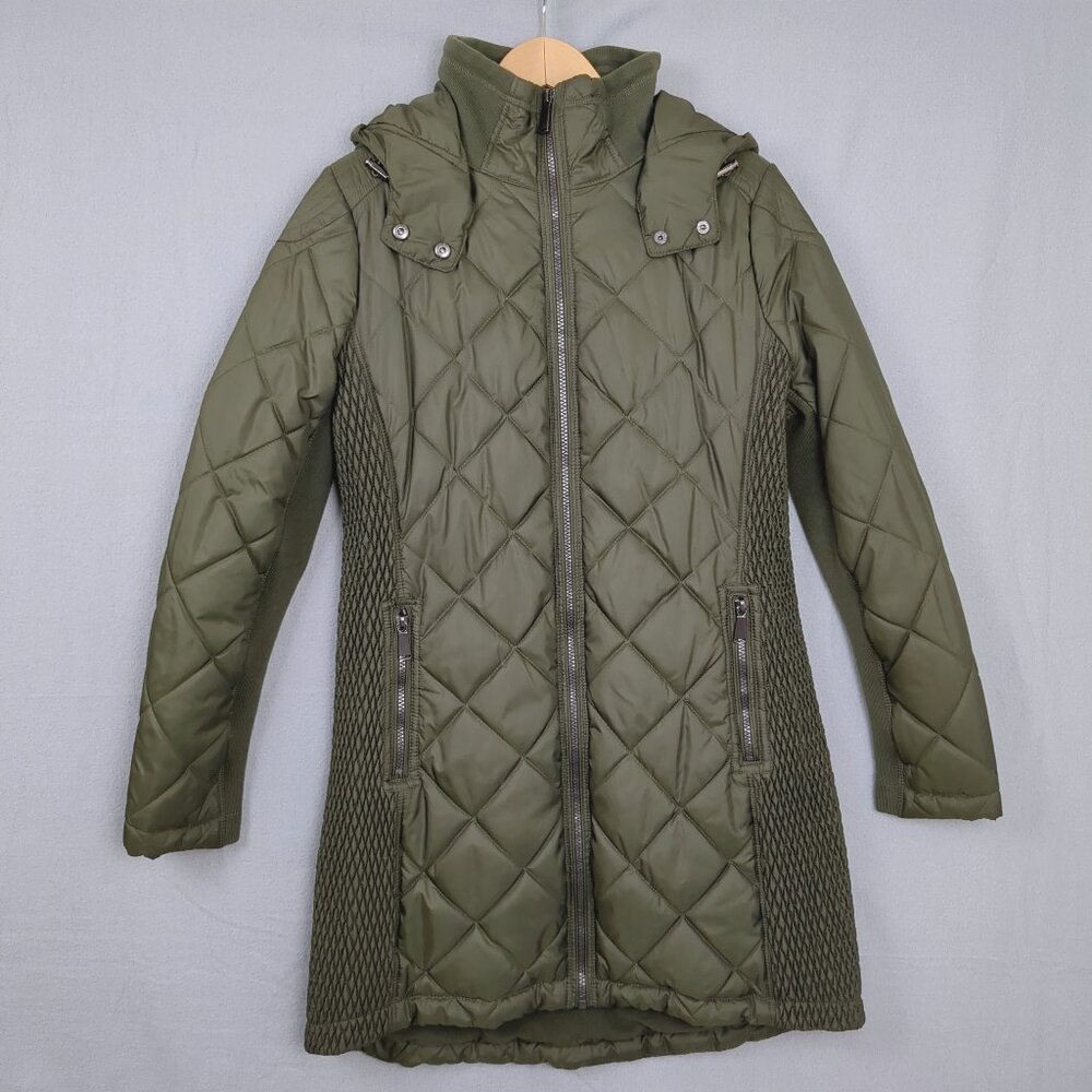 Saks Fifth Avenue Olive Green Quilted Long Coat Hooded Slimming Fleece Lined M